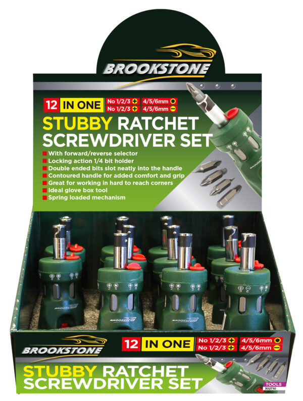 Brookstone Stubby Ratchet 12 in 1 Screwdriver Set in Counter Display